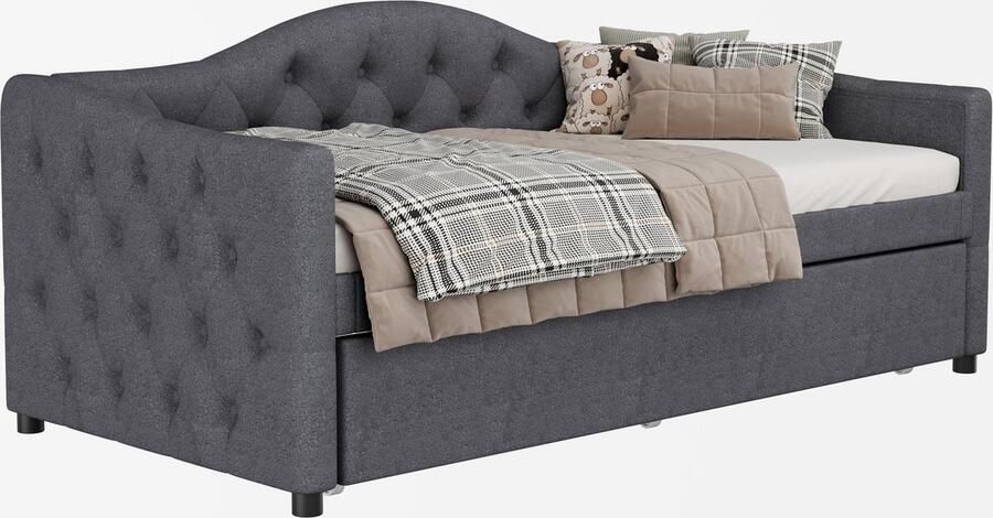 Merax Eenpersoonsbed 90x200 cm Slaapbank met Extra Uitschuifbaar Bed 90x190 cm Gestoffeerd Logeerbed Grijs