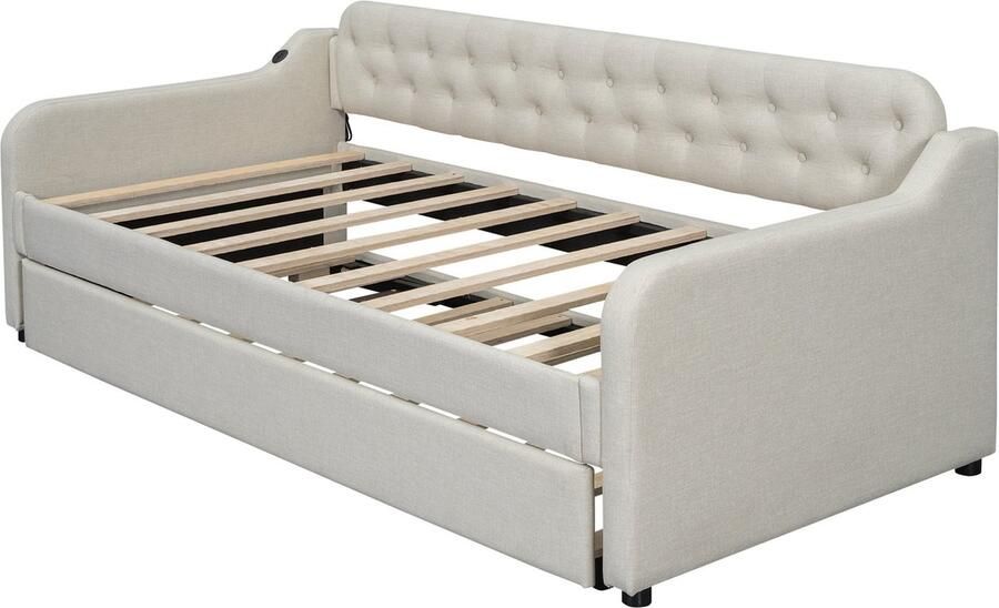 Merax 90x200 cm Slaapbank met Uittrekbaar Bed en USB-oplaadpunt Beige Linnen Stijlvol en Praktisch - Foto 2