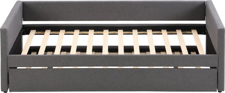 Merax Gestoffeerd Slaapbank 90x200 cm – Eenpersoonsbed met Extra Uitschuifbaar Bed 90x180 cm en Inklapbare Metalen Poten – Grijs Linnen - Foto 4