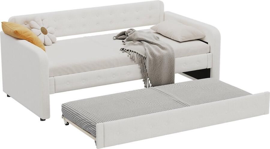 Merax 90x200 cm Slaapbank Uittrekbaar Bed met Grote Opbergruimte Multifunctioneel Beige Linnen Logeerbed voor Woonkamer of Slaapkamer