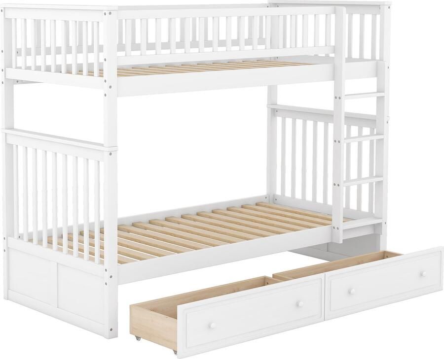Merax 90x200 cm Stapelbed Kinderbed met Schubladen Multifunctioneel Slaapbed Cabrio Bed Wit
