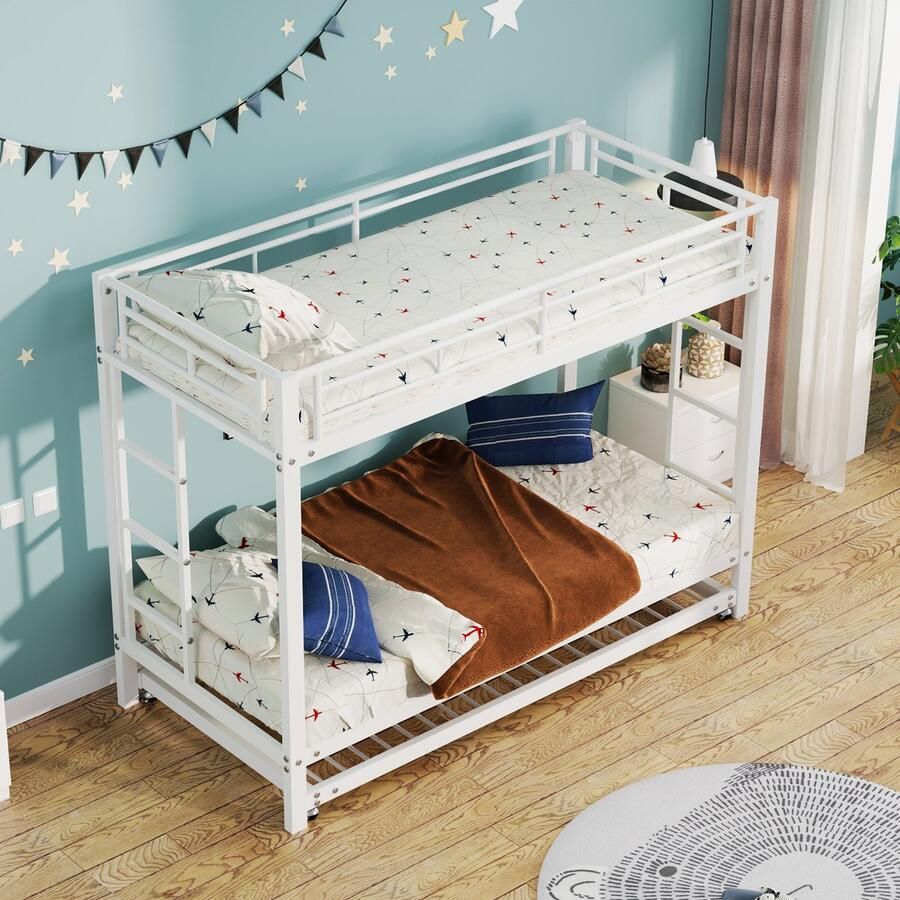 Merax 90x200 cm stapelbed kinderbed met uitschuifbaar bed hoge reling wit