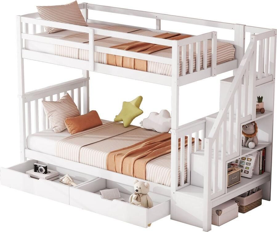 Merax 90x200 cm Stapelbed Met Treppenkast Twee Schubladen Hoge Reling EN747-1 Gecertificeerd Wit