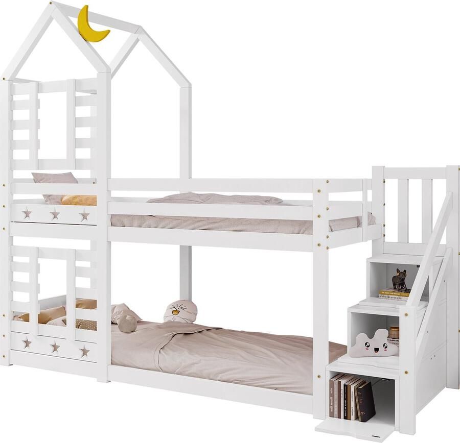 Merax 90x200 cm Stapelbed voor Kinderen Kinderbed Huisbed met Opbergruimte en Uitvalbeveiliging Hoogslaper Bed Wit