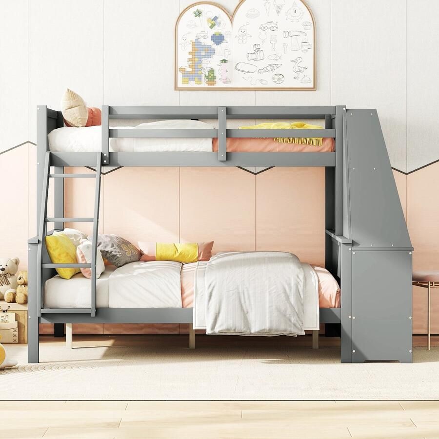 Merax 90x200cm 140x200cm stapelbed kinderbed met bureau grote opbergruimte hoge reling grijs zonder matras
