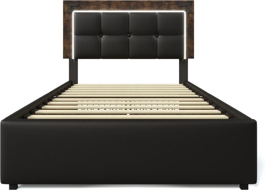 Merax Eenpersoonsbed Inclusief Matras 90x200 cm Bed met LED Verlichting en 4 Lades Verstelbaar Hoofdbord – Kunstleer Gestoffeerd Bed Zwart