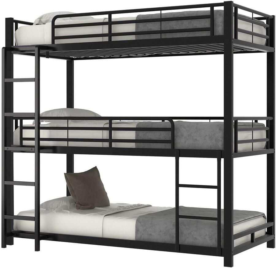 Merax 90x200cm Metalen Stapelbed – Driepersoonsbed voor Kinderen Jongeren en Volwassenen – Zwart