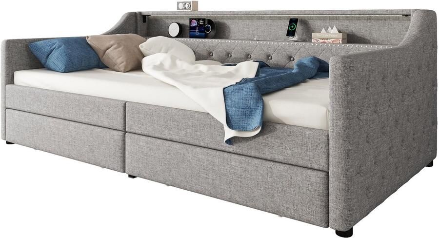 Merax 90x200cm Slaapbank Daybed met Lattenbodem USB-C Oplaadpoort 2 Opbergladen en Ambientelicht Grijs