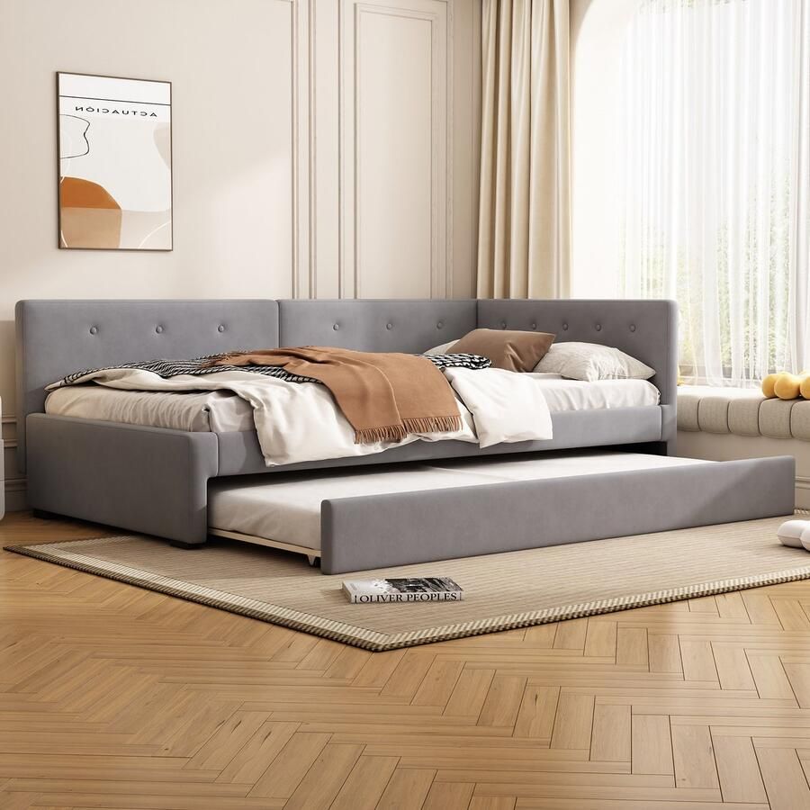 Merax 90x200cm slaapbank met uitschuifbaar bed eenpersoonsbed grijs zonder matras