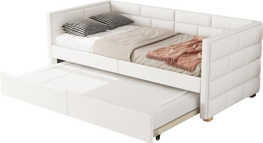 Merax Luxe Gestoffeerd Slaapbank 90x200cm Eenpersoonsbed met Extra Uitschuifbaar Bed 90x190 cm Beige