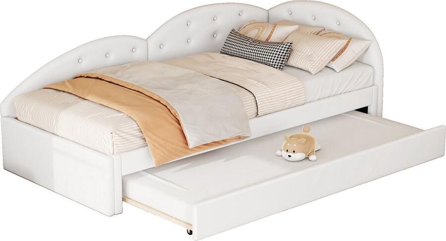 Merax 90x200cm Slaapbank met Uittrekbaar Bed – Multifunctioneel Gestoffeerd Bed met PU-materiaal en Witte Afwerking