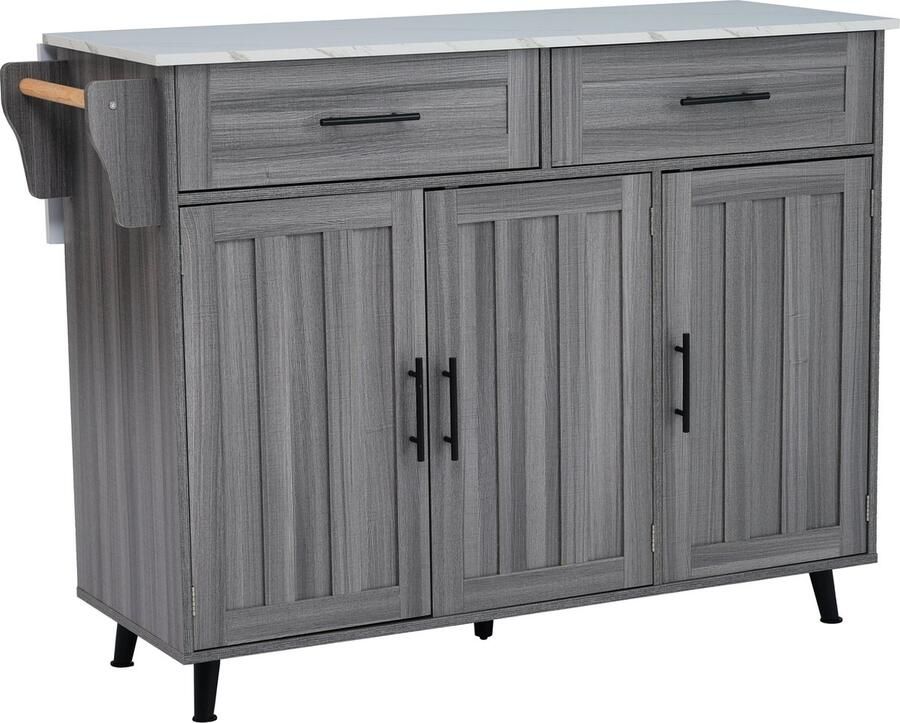 Merax Aanrecht Kast Inklapbaar Keukenkast met Wielen Meubel met Lades en Opbergruimte voor Keuken Wit Marmerlook met Grijs