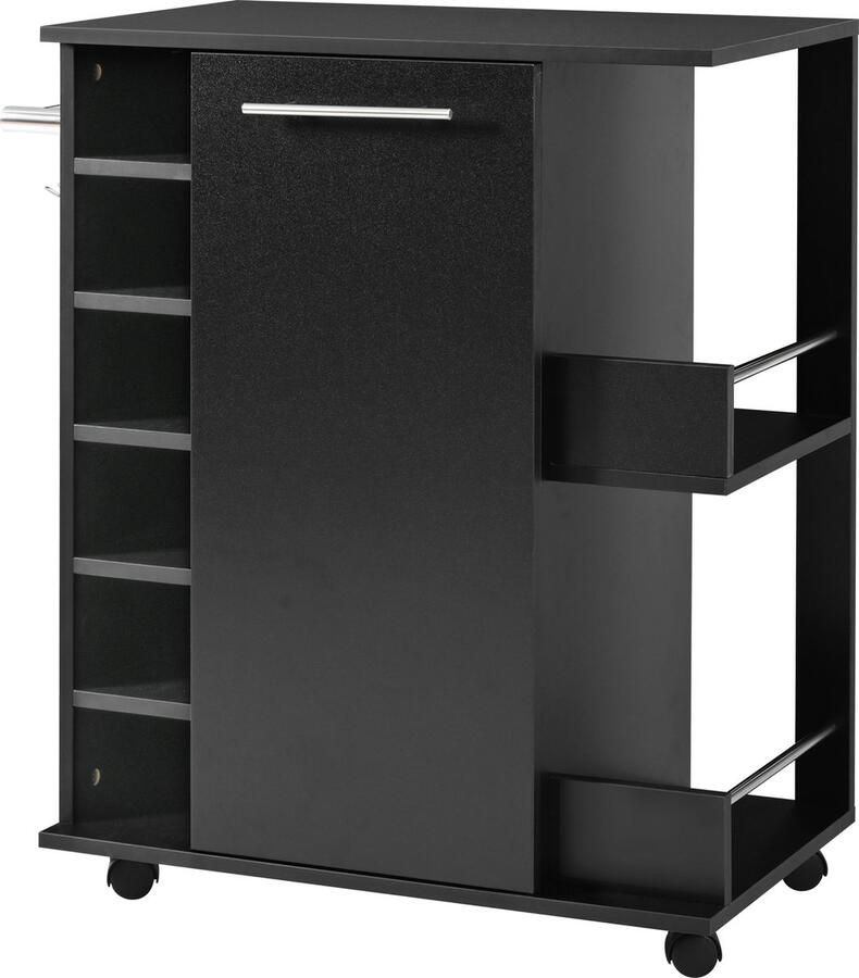 Merax Aanrecht Kast op Wielen Keukenwagen met 2 Buitenrekken en 6 Wijnglazenrekken Keukenkast met Verstelbare Schappen Zwart Vintage Houtnerf
