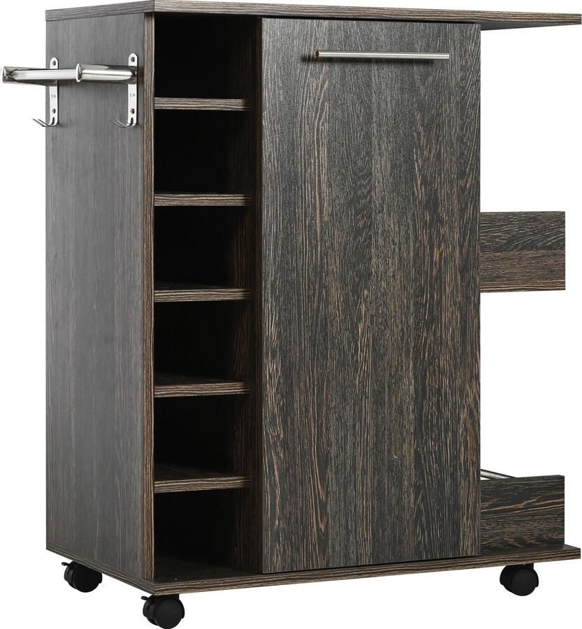 Merax Aanrecht Kast op Wielen Keukenwagen met 2 Buitenrekken en 6 Wijnglazenrekken Keukenkast met Verstelbare Schappen Grijs Vintage Houtnerf