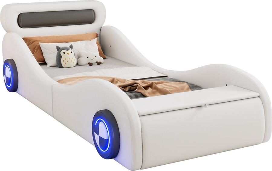 Merax Auto Bed Kunstleer Kinderbed 90x200 cm met Lattenbodem en Hydraulisch Opbergruimte – Wit - Foto 2