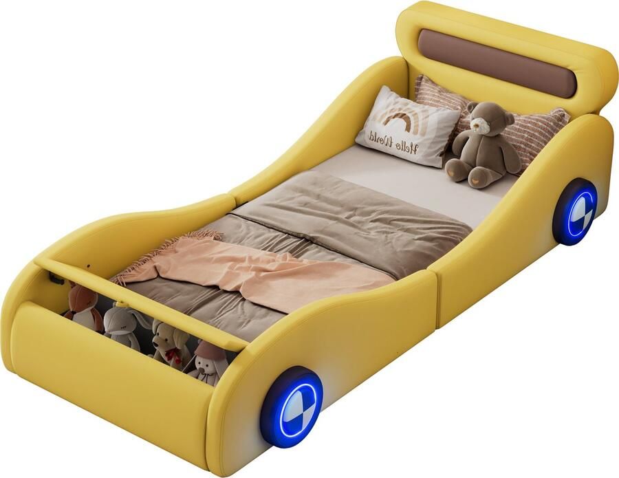 Merax Autobed 90x200cm Kinderbed Jeugdbed met Verlichte Wielen en Opbergruimte – Geel Kunstleer Zonder Matras
