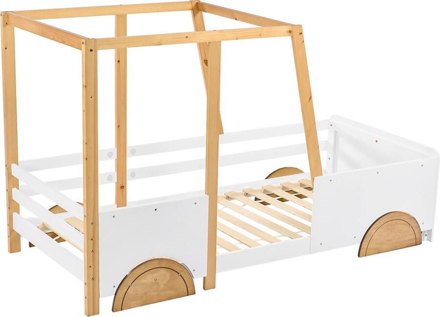 Merax Autobed Kinderbed 90x200 cm met MDF-Wielen en Kiefern Houten Frame Kinderbed in Auto-Design Wit en Natuurlijk