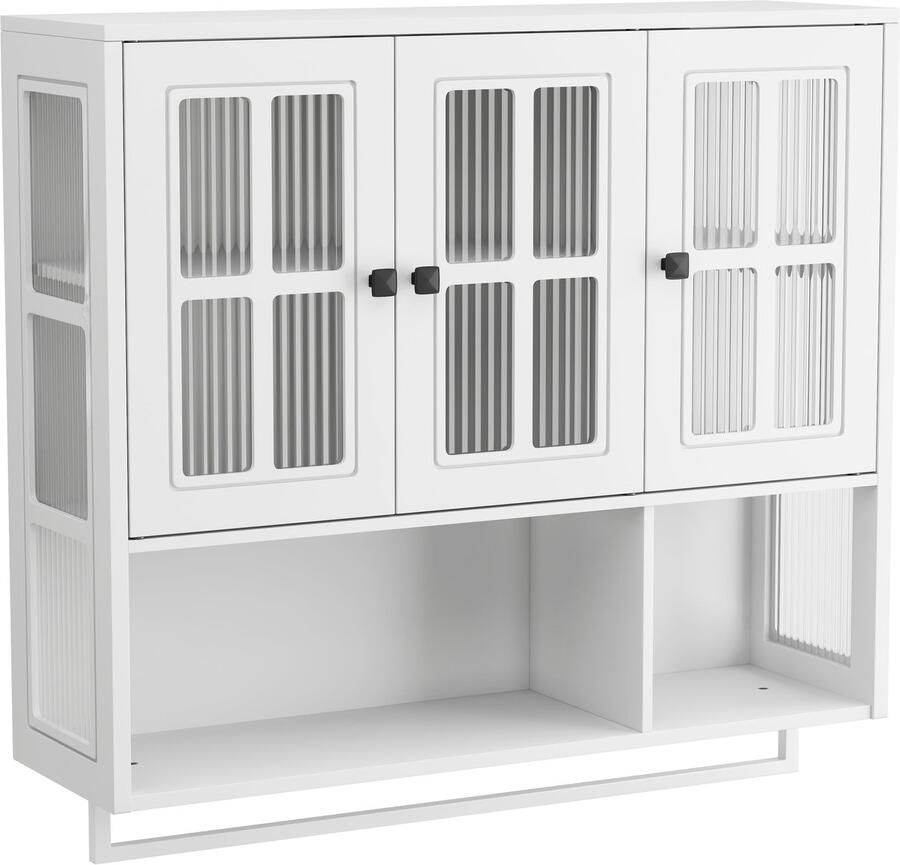 Merax Badkamer Wandkast 3-Deurs Houten Kast met Open en Gesloten Opbergruimte Medicijnkast met Glazen Deur en Handdoekrek Wit