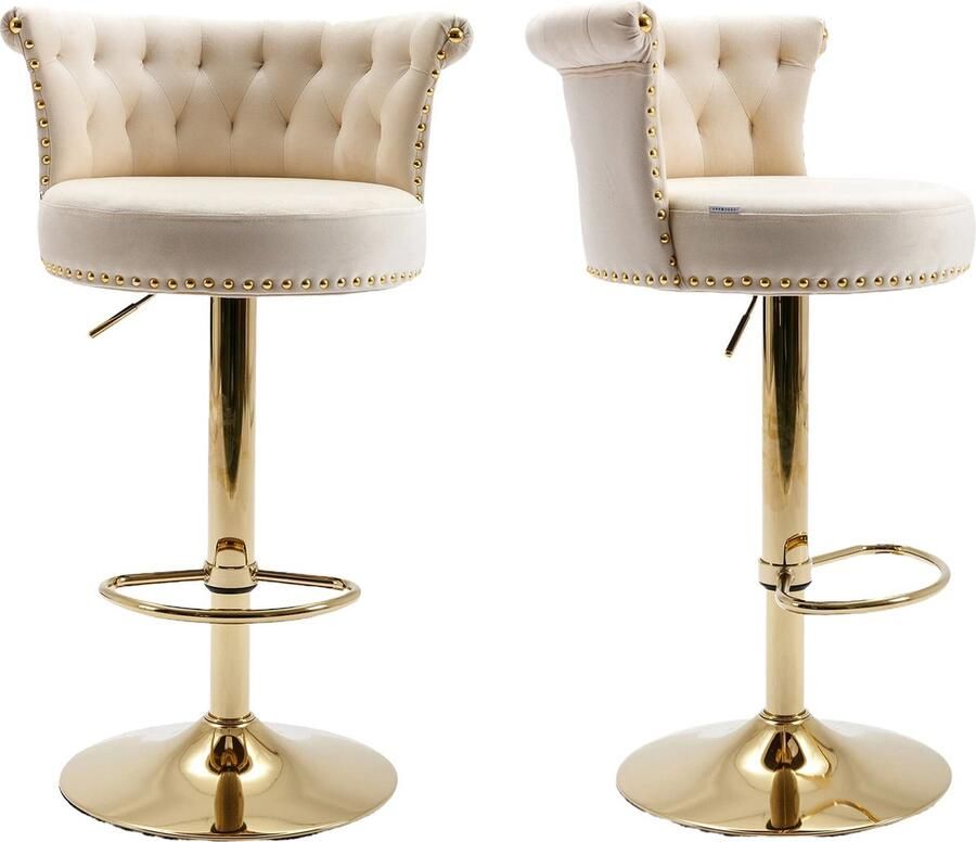 Merax Draaibare Barkrukken – Set van 2 – Verstelbare Hoogte Luxe Fluwelen Bekleding Gouden Metalen Basis met Voetsteun – Voor Keuken Eetkamer en Bar – Beige