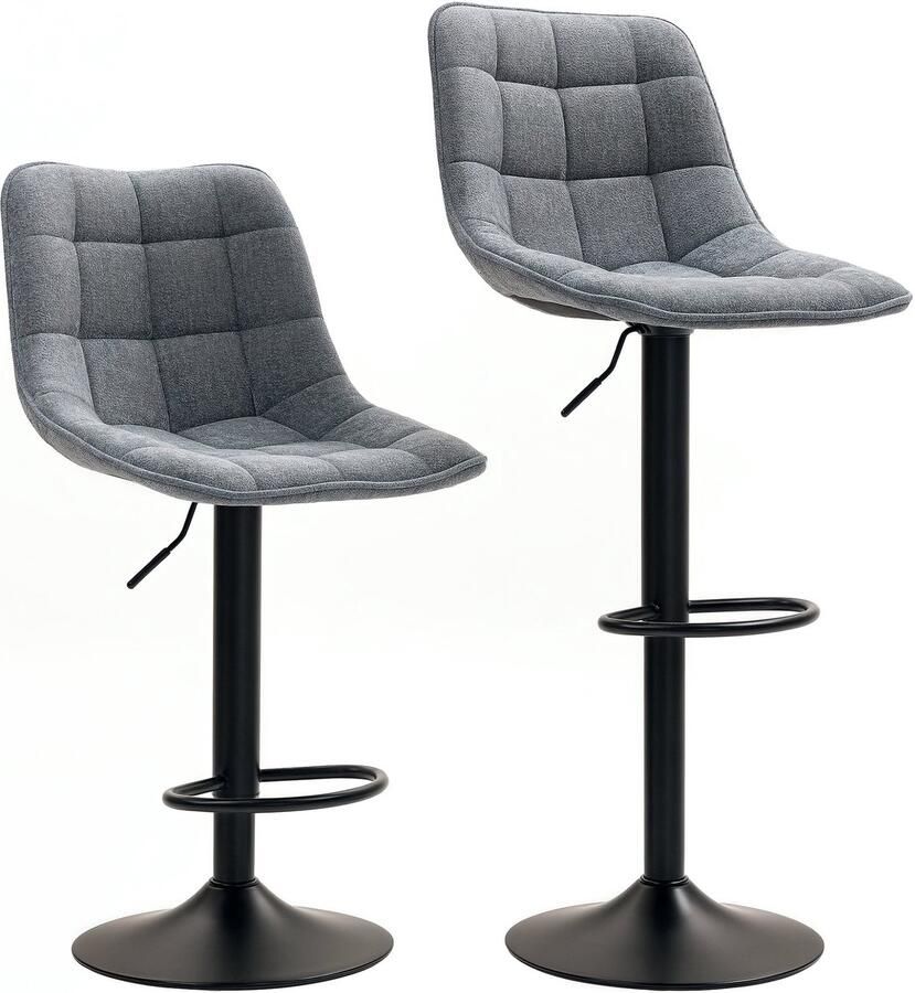 Merax Barkrukken Set van 2 met Voetensteun – Donkergrijs – Draaibare Barstoelen met Rugleuning – In Hoogte Verstelbaar – Stalen Onderstel – Chenille Stof