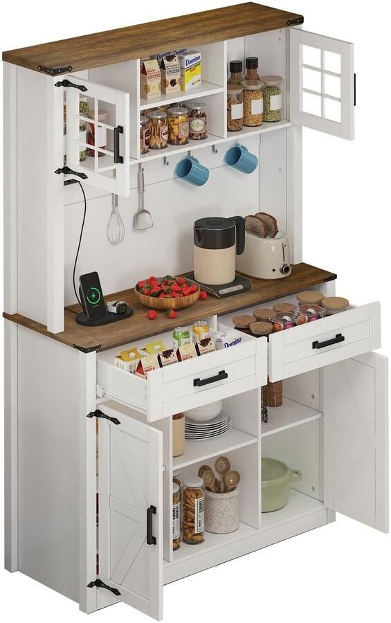 Merax Barschrank met LED Verlichting en Stopcontacten – Buffetkast met 2 Laden en Verstelbare Planken – Koffiebar Sideboard in Wit en Bruin