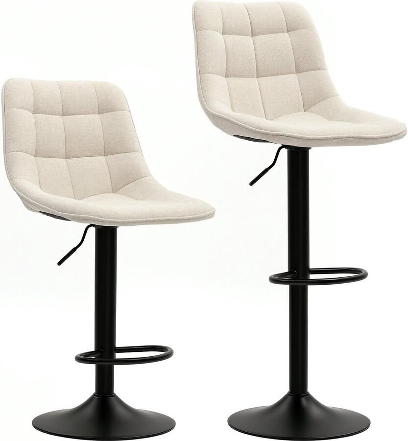 Merax Barstoelen Set van 2 Draaibare Barkrukken met Rugleuning Verstelbare Zithoogte Voetsteun Beige Chenille Stof Stalen Onderstel Voor Kookeiland Keuken of Bar