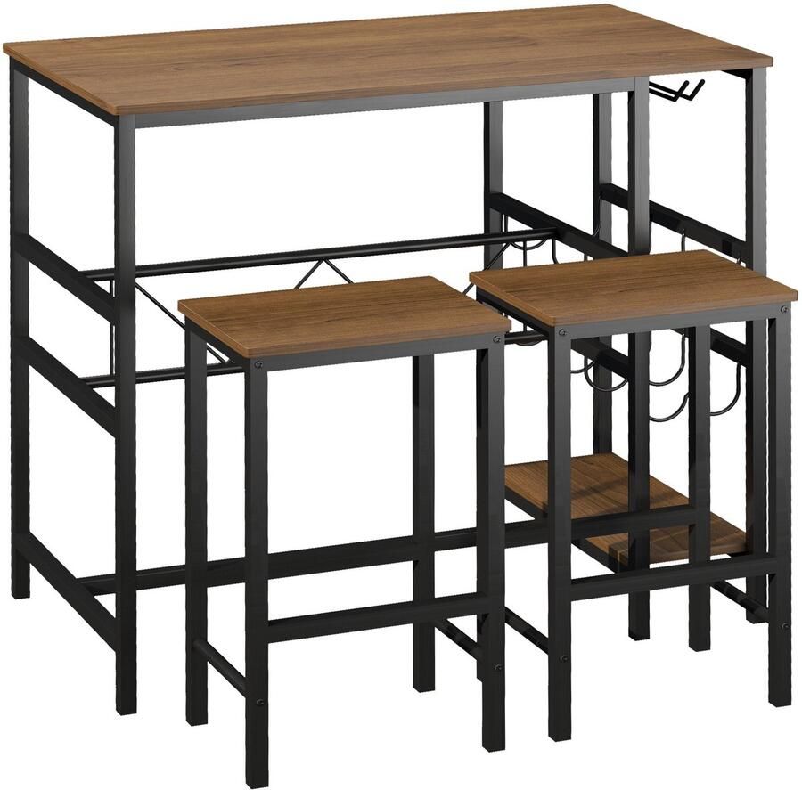 Merax Bartafel Set 3 Delig Hoge Tafel Met 2 Barkrukken Industrieel Met Wijnrek Naturel Zwart