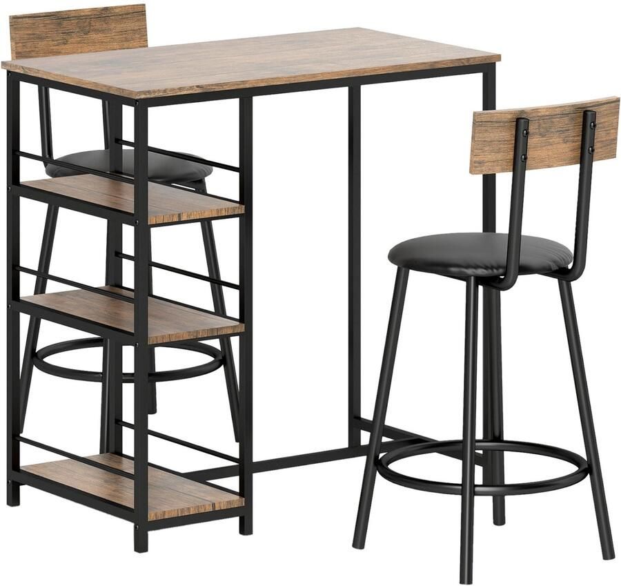 Merax Bartafel Set Met 2 Barkrukken Industrieel Eiken Zwart 3 Planken 90x50x90 cm