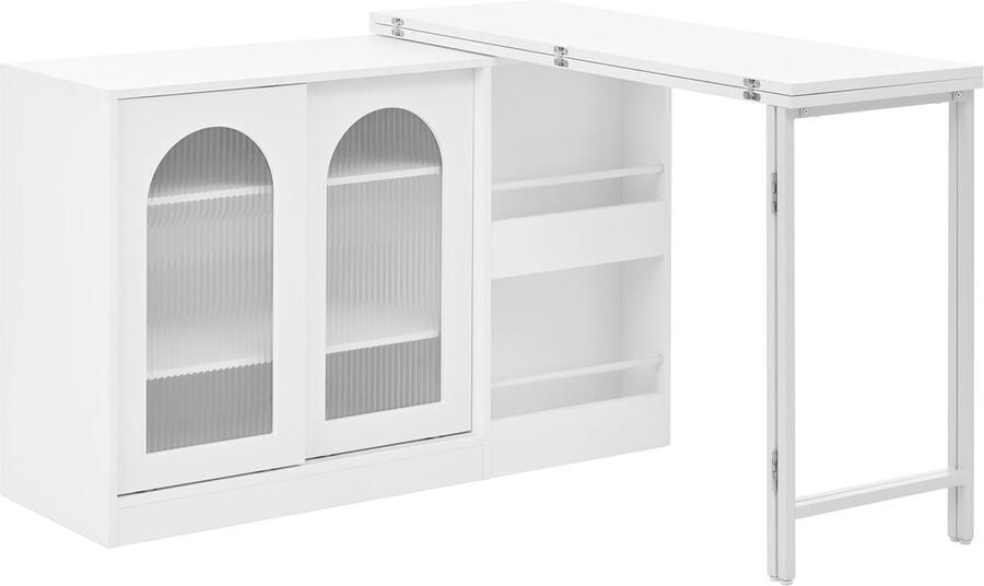 Merax Bartafel Wit Uitklapbare Bartafel met 360° Draaifunctie Keukentafel met Opbergruimte en Glazen Deur Industriële Bar Tafel en Sideboard 121x40x77 cm
