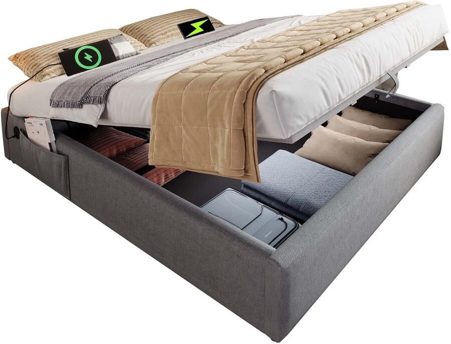 Merax Gestoffeerd Tweepersoonsbed 160x200 cm met USB- en Type-C-aansluiting Bed met Opbergruimte Volledig Lattenbodem Zonder Hoofdbord Linnen Grijs