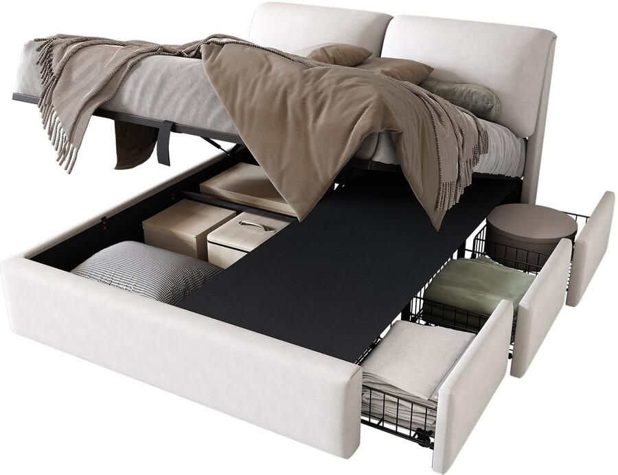 Merax Gestoffeerd Bed 140x200 cm Hydraulisch Bed met 3 Laden en Opbergruimte Fluwelen Bekleding Beige Lattenbodem met Hoofdbord – Zonder Matras