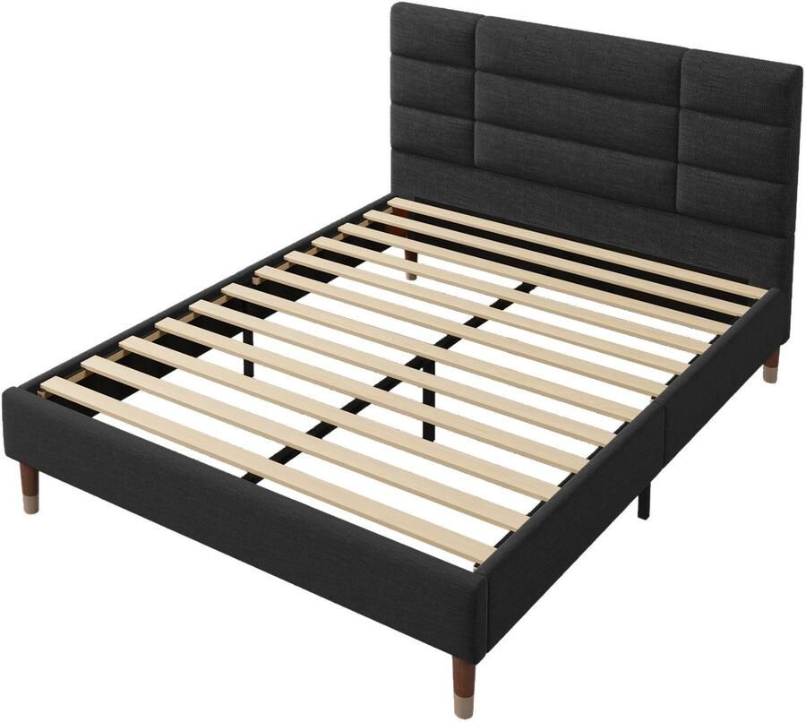Merax 140x200 cm Polsterbed met Lattenbodem en Matras Stijlvol Zwart Linnen Bedframe met Hoofdbord Geschikt voor Volwassenen en Tieners Met Bonell Matras