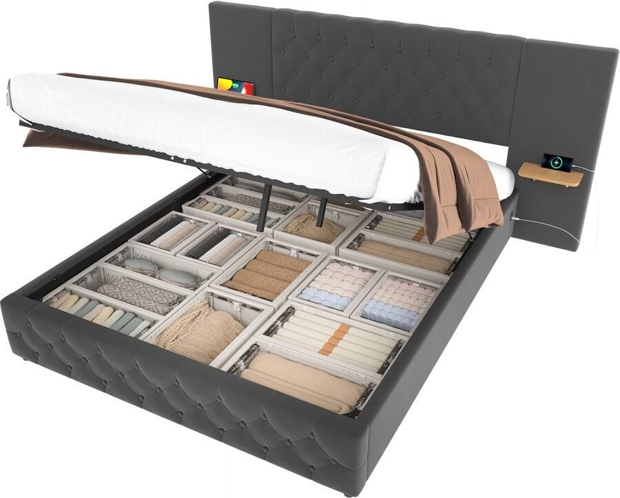 Merax Bed 140x200 cm met Brede Hoofdbord LED-Verlichting USB-Aansluiting Hydraulisch Opbergsysteem Ruime Opbergruimte Tweepersoonsbed