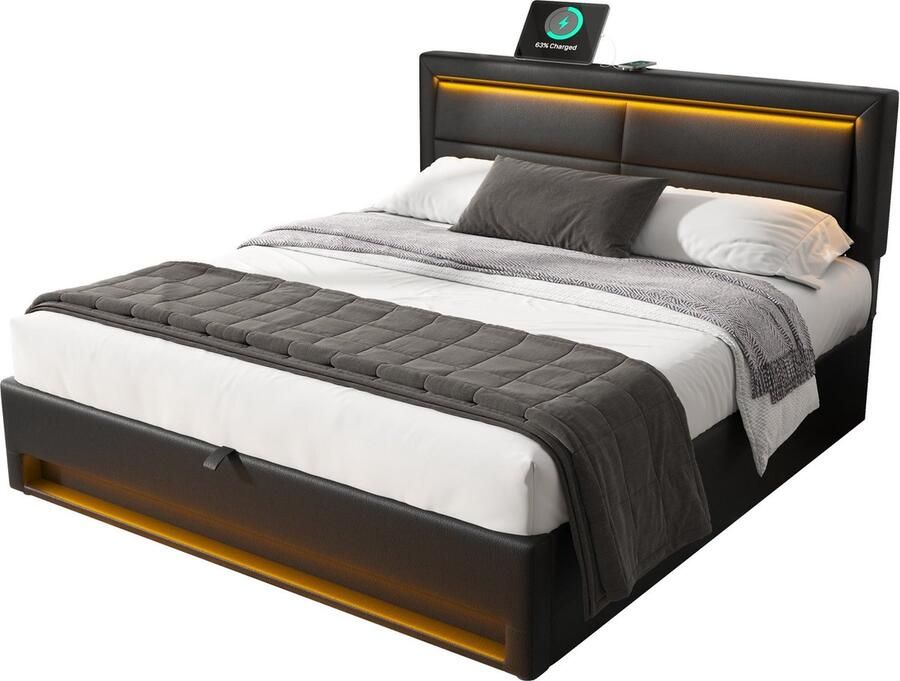 Merax Bed 140x200 cm met LED-Verlichting en Hydraulisch Opbergruimte – Tweepersoonsbed met USB en Draadloos Opladen – Zwart Kunstleer Litschi Gestoffeerd