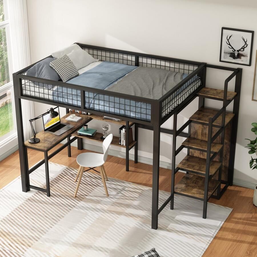 Merax Bed 140x200 cm opbergladder meerdere planken zonder matras inbouwkast bureau zwart