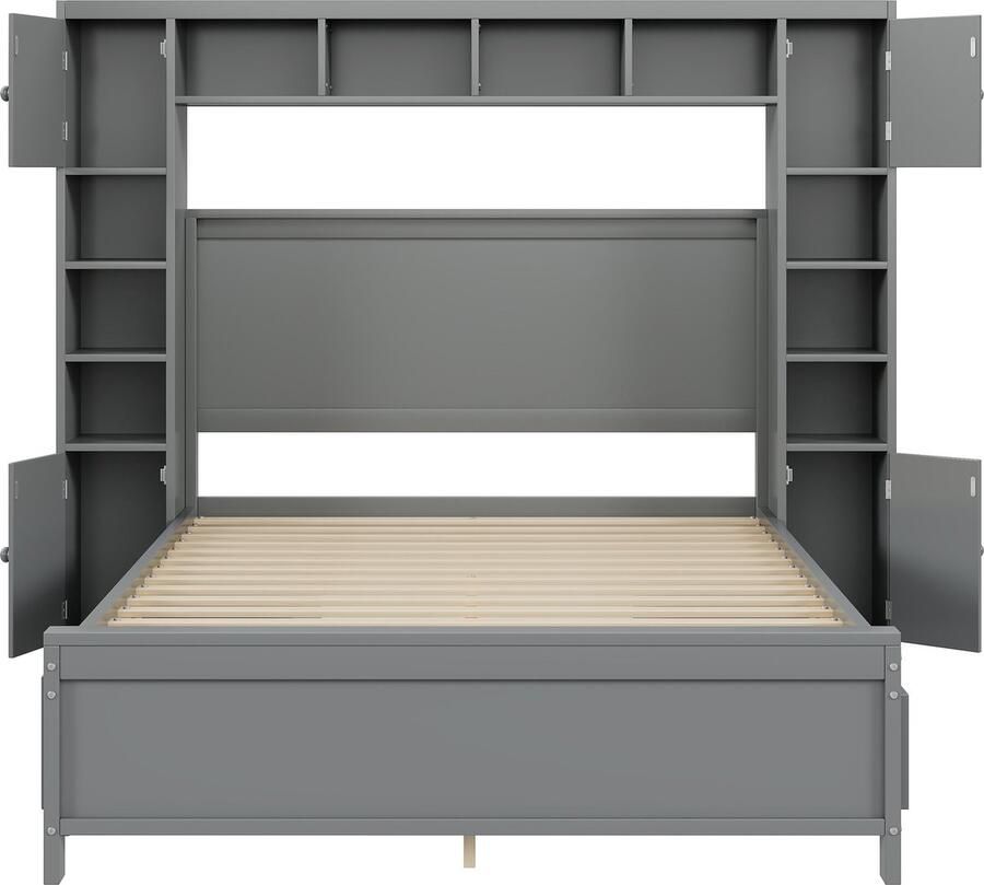 Merax Tweepersoonsbed 140x200 cm met Opbergruimte Massief Hout 4 Lades Grote Opbergkast Grijs - Foto 2
