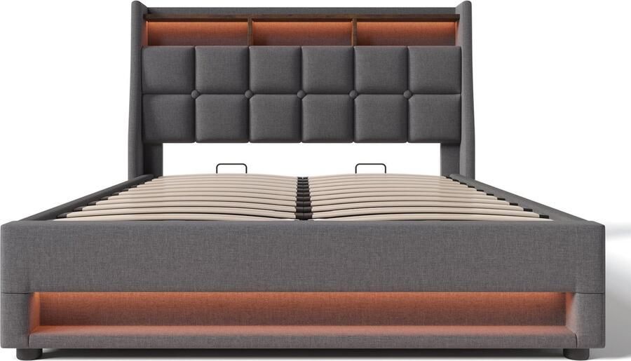Merax gestoffeerd bed 160x200 cm Grijs tweepersoonsbed met LED-verlichting USB-oplaadpoort en pocketveringmatras