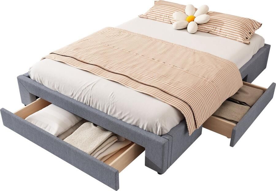 Merax bed 160x200 cm – grijs bed zonder hoofdbord met 3 opberglades