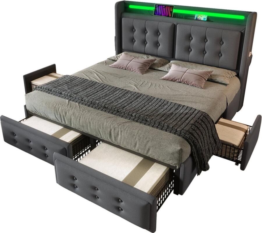 Merax bed 160x200 cm – grijs tweepersoonsbed met LED-hoofdbord USB-C 4 opberglades & houten metalen lattenbodem – inclusief matras