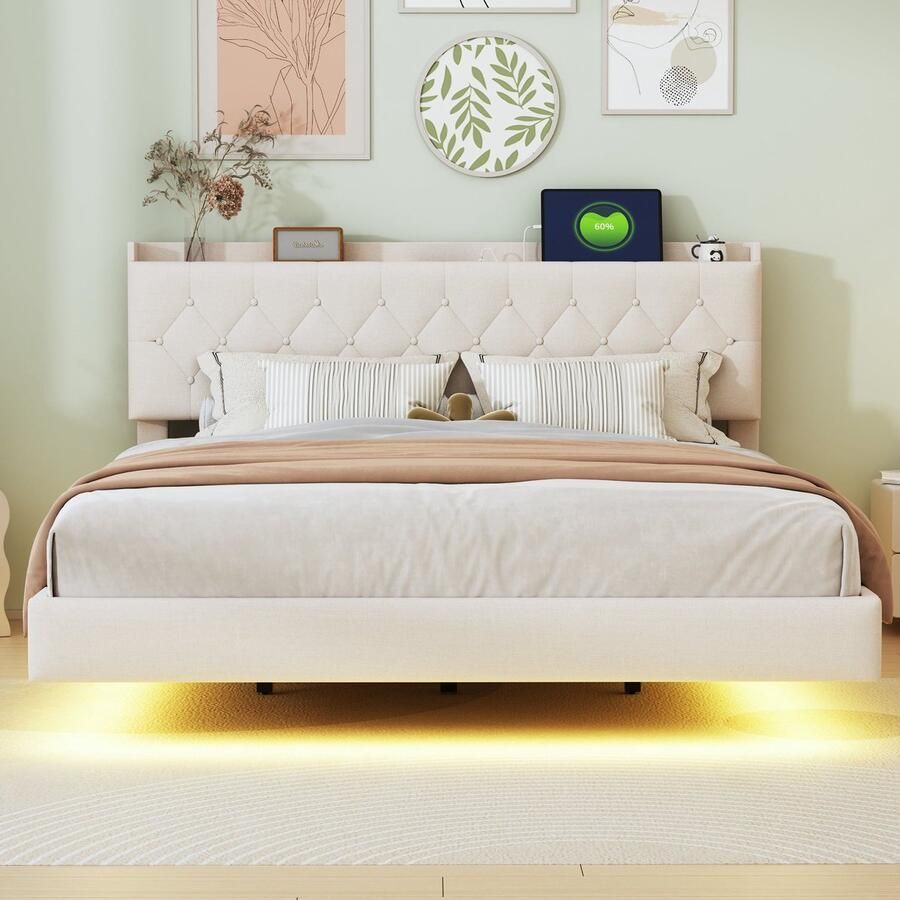 Merax Bed 160x200 cm – LED-verlichting USB-oplaadfunctie en opklapbare opbergruimte Tweepersoonsbed in Beige Linnenstof (zonder matras)