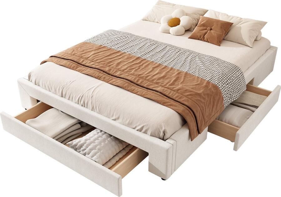 Merax Gestoffeerd Bed 160x200 cm met Opbergruimte Bed Zonder Hoofdbord 3 Schuifladen Inclusief Lattenbodem Beige