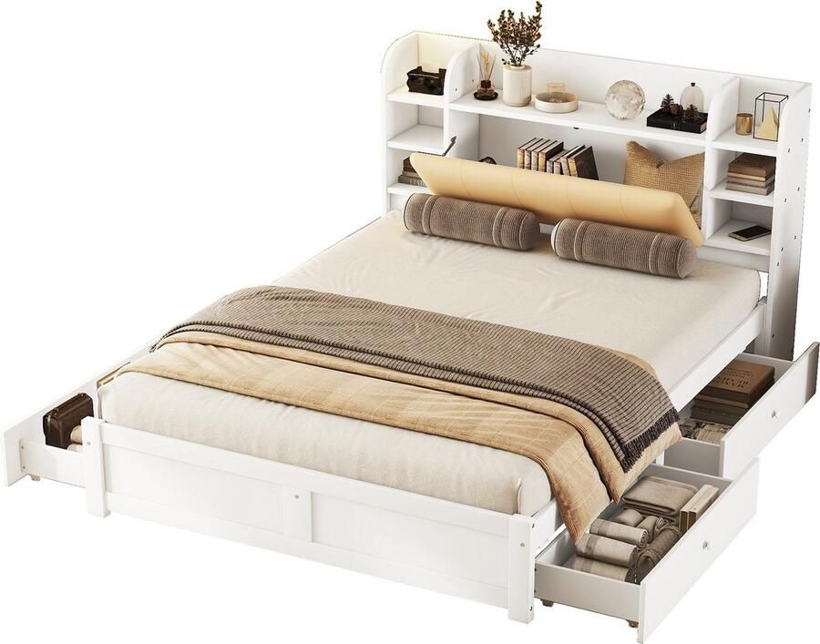 Merax Bed 160x200 cm met Opbergruimte – Wit Houten Frame Schuifladen en Opklapbaar Hoofdbord