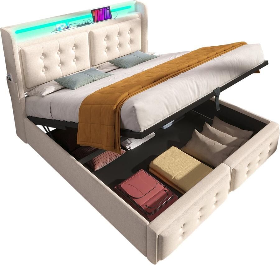 Merax Gestoffeerd Bed 140x200 cm met LED Hoofdbord en USB-C Oplaadfunctie Hydraulisch Bed met Lattenbodem Belastbaarheid tot 300 kg Beige Katoen (zonder matras)