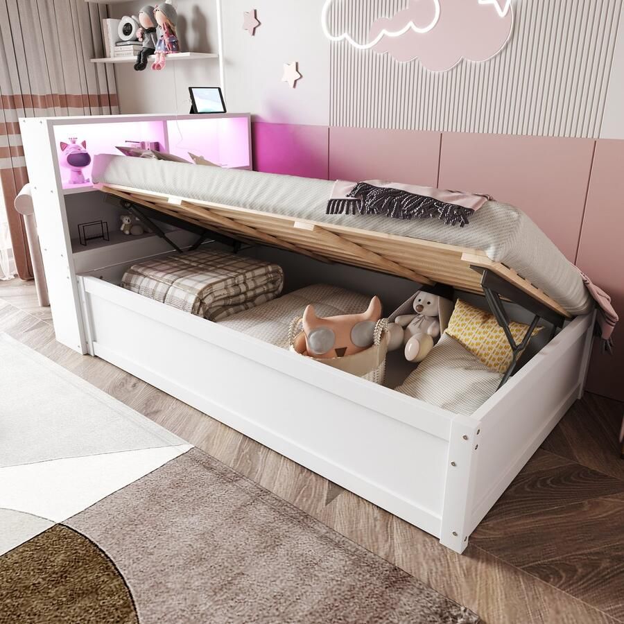 Merax Bed 90 x 200 cm met stopcontact en opbergvak met LED-verlichting met opbergruimte eenpersoonsbed wit zonder matras