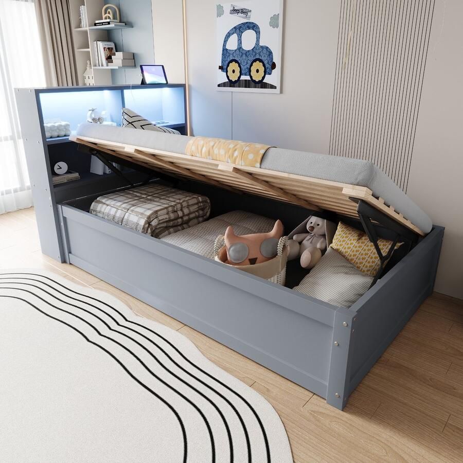 Merax Bed 90 x 200 cm met stopcontact en opbergvak met LED-verlichting met opbergruimte eenpersoonsbed grijs zonder matras