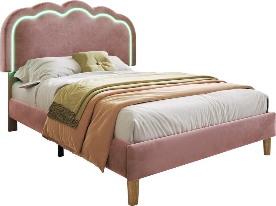 Merax bed 90x190 cm – roze fluwelen bedframe met LED & verstelbaar hoofdbord – gestoffeerd eenpersoonsbed voor slaapkamer of logeerkamer