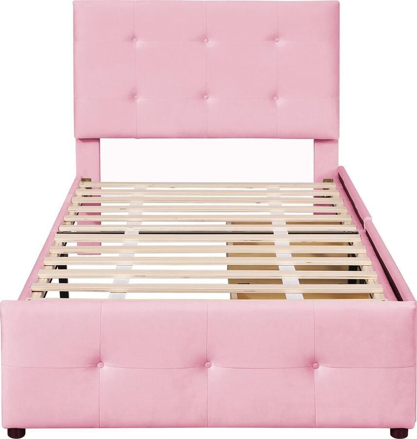 Merax Gestoffeerd 90 x 200 cm met Lattenbodem Rugleuning en 2 Opberglades – Beige Fluweel Ideaal als Kinderbed Jongerenbed of Gastbed (Roze) - Foto 2