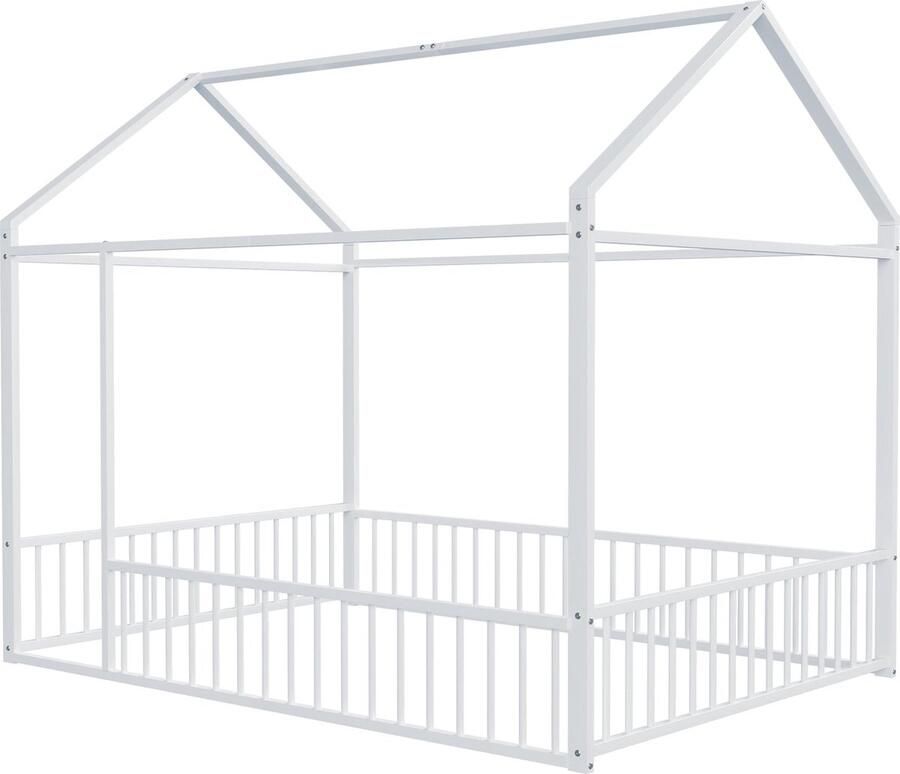 Merax Bed in Huisvorm 140x200 cm voor Kinderen Metalen Kinderbed met Veiligheidshek Wit