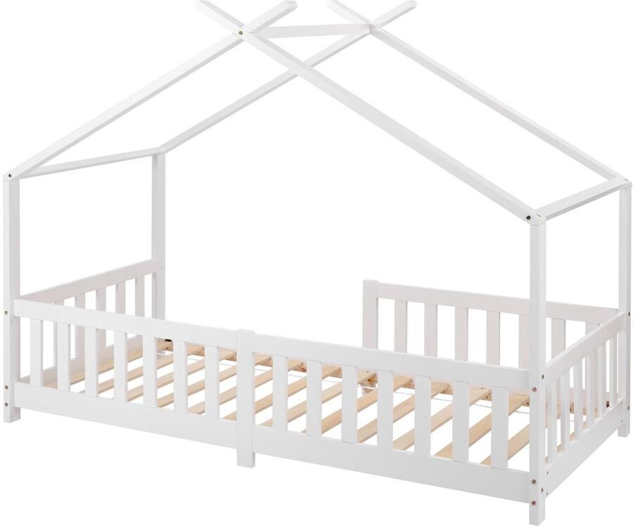 Merax Bed in Huisvorm 90x200 cm Kinderbed met Houten Lattenbodem Veiligheidshekje en Stevig Houten Frame Wit - Foto 2
