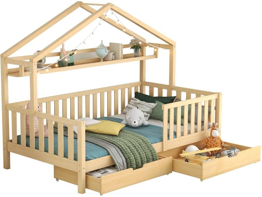 Merax Bed in Huisvorm 90x200 cm – Massief Hout – Met Houten Lattenbodem en 2 Opberglades – Scandinavisch Design – Kinderbed voor Jongens & Meisjes – Naturel